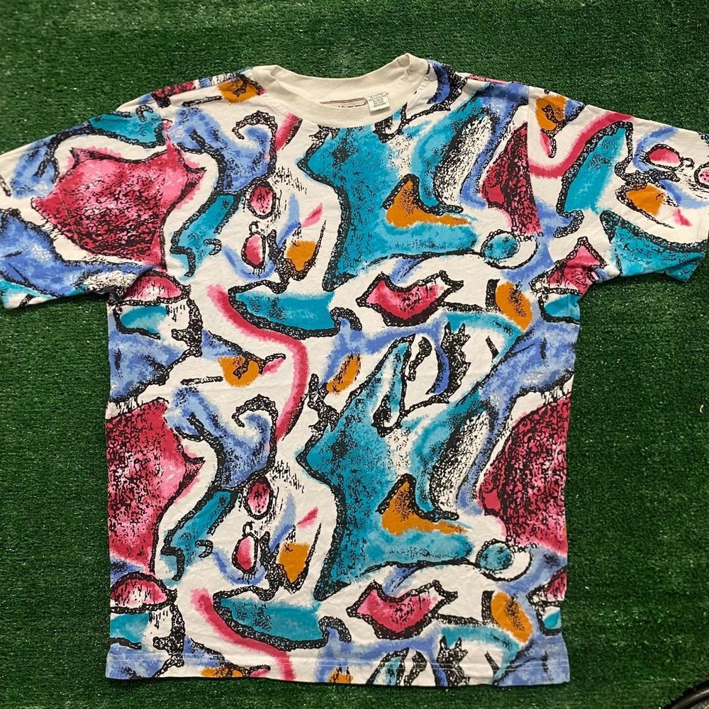 Vintage 80s Geometric Abstract Art AOP T-Shirt Colorful All Over Print Pattern